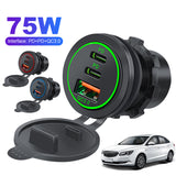 12V-24V Socket 75W PD Type C QC 3.0 Power Outlet Waterproof Fast Charge Adapter Charger for Car RV Marine