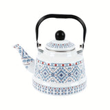 1pc 1.1L Enamel Hot Water Kettle Household Enamel Geometric Print Memory Flower Target Ancient Clock Kettle
