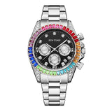 PINTIME Business Men's Watch Iced Out Diamond Stainless Steel Strap Luxury Color Quartz Wristwatch Waterproof Relogios Masculino