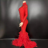Direct sales of authentic temperament red carpet dresses, fashionable long dresses with trailing feathers for slimming effect