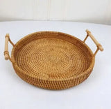 1PC Rattan Bread Storage Woven Snacks Fruit Round Tray Picnic Binaural Tray Living Room Table Finishing
