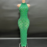 Sexy Shiny Water Diamond Silver Large Women's Evening Hanging Neck Fish Tail Long Dress Sleeveless