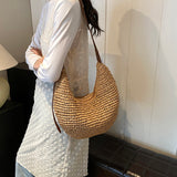 Women Straw Woven Half Moon Weaving Shoulder Bag Large Capacity Tote Clutch Bags Zipper Closure for Outdoor Travel
