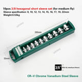 10Pcs Hex Set 1/4" 3/8" 1/2" 5/6/7/8/9/10/11/12/13/14/15/16/17/19/22mm Anti-rust Mirror Ratchet Wrench Socket Head