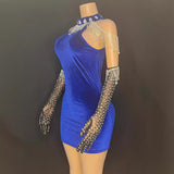 Elegant socialite luxurious formal dress with neck hanging French tassel gloves, sexy and tight fitting short skirt covering buttocks