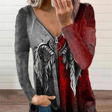 Women's Casual Fashion V-neck Pull Printed Long-sleeved Top T-shirt