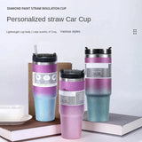 1pc 30/20oz Glitter Print Vacuum Cup Thermoses with Straw Coffee Mug Double Wall Stainless Steel Keep Heat Cold Vacuum Flask Cup
