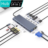 12 13 14 in 1 Docking Station USB3.0 Hub with Dual HDMI SD TF USB 3.1 USB-C 10GB PD 100W VGA RJ45 3.5mm Audio