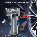 Tire Inflator Portable 4-in-1 - Cordless Electric Pump, Jump Starter, Air Compressor with Emergency Light for Car.