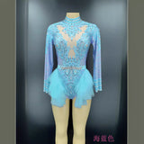 Sexy neck hanging short skirt with multiple colors, long sleeves, waist closing, slim fit design, full of rhinestone jumpsuit feeling