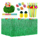 Hawaii Tropical Party Set Straw Table Skirt, Hibiscus Flower, Palm Leaf, Paper Pineapple Decoration