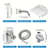 1Set High Pressure 20.32cm Rain Shower Head With Two-in-One Handhead Shower, Equipped 149.86cm Extra Long Hose, 3-Way Diverter, Adhesive Shower Head Holder, Extention Shower Arm, Square Shower Head Set (Short And Extended Styles)