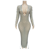 Temperament Female Singer Stage Dress Green Grid Deep V-Neck Sexy Wrapped Hip Tight Long Sleeves
