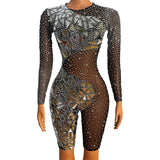 Sexy street long sleeved jumpsuit with sequin rhinestone print design for a tight fitting new look