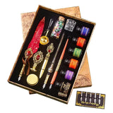 Antique Feather Retro Wooden Dip Pen Set Classic Wax Seal Stamp Kit for Calligraphy Art Words Gifts