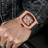 PINTIME Sport Watch for Men Silicone Strap Quartz Wristwatch Hip Hop Tonneau Case Waterproof 30m Spider Leopard Dial Reloj Gifts