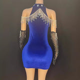 Elegant socialite luxurious formal dress with neck hanging French tassel gloves, sexy and tight fitting short skirt covering buttocks