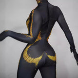 Special selling female star matching tight clothing with sexy slim fitting gloves design, gold gradient jumpsuit