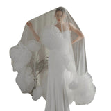 Classical Long Bridal Veil Soft Tulle Veil with Large Rose Flower Patched for Romantical Wedding Ceremony and Photoshoots