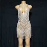 Novance 2024 Sexy Deep V Rhinestone Tassel Loose Evening Mini Luxury Party Dress