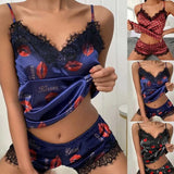 2Pcs Fashion Women V-Neck Stretch Satin Lace Sexy Lingerie Bowknot Pyjamas Sleep Shorts Set Pijama Suit Sexy Nightdress Women