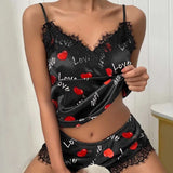 2Pcs Fashion Women V-Neck Stretch Satin Lace Sexy Lingerie Bowknot Pyjamas Sleep Shorts Set Pijama Suit Sexy Nightdress Women