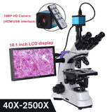 Professional Lab Biological HD Trinocular Microscope Zoom 2500X 2/16MP Electronic Digital Camera USB HDMI VAG + 10-inch LCD