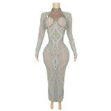 Sparkling Diamond Pearl Design Sensory Pattern Sexy Perspective Skirt Style Long sleeved Singer Stage Dress