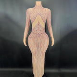 Light pink rhinestones with elegant temperament, female singer stage dress, sexy skin tone, full diamond luxury, noble and slim fit