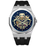 PINTIME Men's Watches Luminous Waterproof Automatic Mechanical Wristwatch Skeleton Samurai Head Dial Silicone Strap Sports Reloj