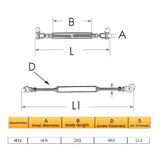 Stainless Steel M 12 Jaw And Jaw Turnbuckle Stainless Steel Turnbuckle For Tensioning Cable Rope Chain 2200 Lbs Load (2PCS)