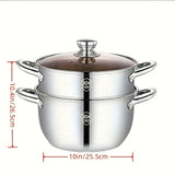 1pc, 2 Tier Steamer Pot, 10''/25.5cm Stainless Steel Steaming And Cooking Integrated Pot With Lid, Universal For Induction Cooker