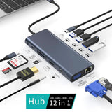 12 13 14 in 1 Docking Station USB3.0 Hub with Dual HDMI SD TF USB 3.1 USB-C 10GB PD 100W VGA RJ45 3.5mm Audio