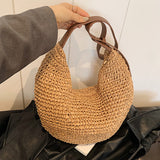 Women Straw Woven Half Moon Weaving Shoulder Bag Large Capacity Tote Clutch Bags Zipper Closure for Outdoor Travel
