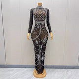 Black haute couture socialite sexy perspective sparkling rhinestone party evening dress