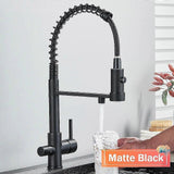 (Matte Black) Rozin Gun Grey Filter Water Kitchen Faucet Black Pull Down Spring 3 Way Faucets Brass 360 Swivel Purification Water Mixer Tap