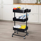 Household 3-Tier Metal Rolling Cart Storage Utility Cart for Kitchen Office Bathroom