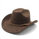 Western Cowboy Hat For Women Men Rolled Up Suede Fedora Cowgirl Cap With Braid Belt Wide Brim For Jazz Party Men Women Costume Beach Party