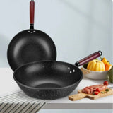 30/32/34cm Non-stick Iron Cooking Pots Pans Cookware Flat Bottom Wok with Wood Handle Kitchen Cooking Pot for Gas Induction