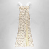 Feather Raglan Large Slit Sexy Fishtail Evening Dress