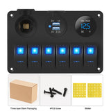 Waterproof Car Rocker Panel 6 Gang Toggle Switch 12 Volt Blue LED Lights USB Cigarette Lighter Socket Voltmeter