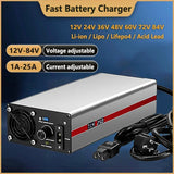 1A 25A 12V to 84V 36V 48V 60V 72V 87.6V Li-ion Lifepo4 Lithium Battery Charger Voltage Curren Adjustable Fast Chargers