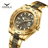Brand ONOLA Business Casual luxury retro stainless steel golden men's watch high quality gold watches men