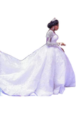 Lace African Wedding Dress Long Sleeves Round Neck Big Tail Tutu Skirt