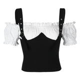 Plaid stitching one-word shoulder straps shoulder straps waist slimming top women short ins casual