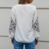 V-neck Flared Sleeves Top Single-breasted Geometric Printed Loose Long Sleeves