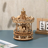 1pc 3D Wooden Puzzles Construction Model Kit To Build DIY Music Box Building Kits Rotating Merry-Go-Round, Xmas Gift