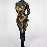 Special selling female star matching tight clothing with sexy slim fitting gloves design, gold gradient jumpsuit