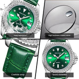 PINTIME Watch for Women Vintage Agate Green Leather Strap Diamond Dial Luminous Waterproof Calendar Quartz Wristwatch Relogios
