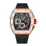 PINTIME Watch for Men Tonneau Case Fashion Quartz Wristwatch Waterproof 3Bar Silicone Strap Openwork Dial Clock Luminous Reloj